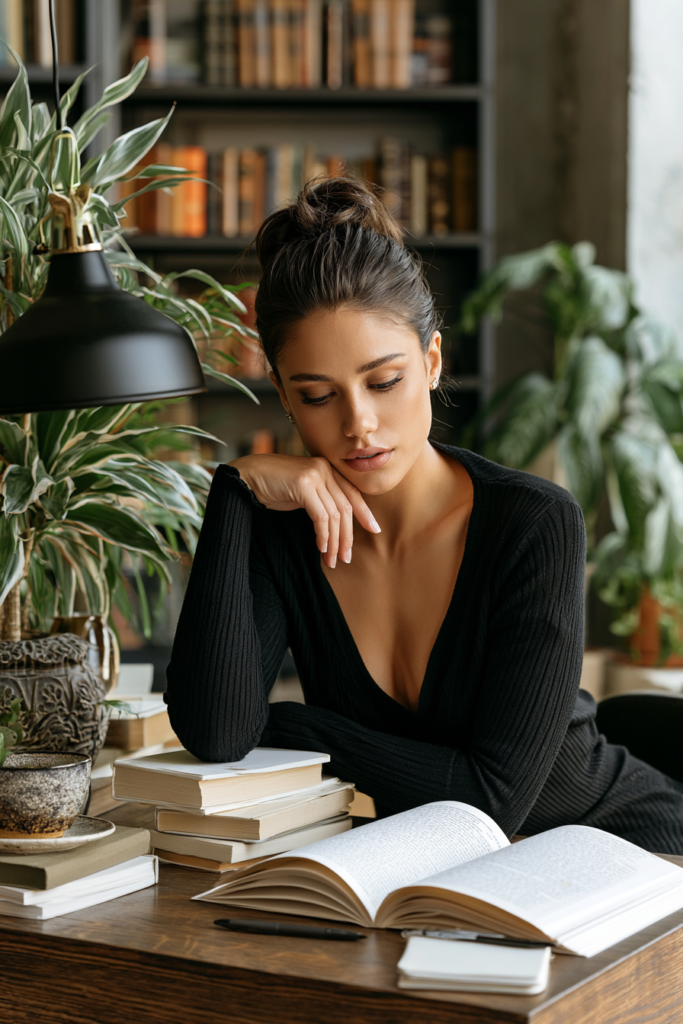 Elegant woman reading best passive income books at her desk with other books on the desk.